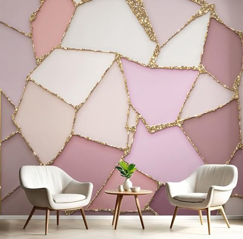JEDTAKCT Papier Peint Rayures Dorées 3D, Papier Peint Panoramique Motif Géométrique Moderne, Fresque Murale 250X175Cm, Décoration Image Murale Rose Poudré Pour Salon Chambre Bureau Tv Artistique