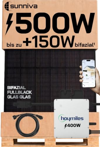 SUNNIVA® 500W Balkonkraftwerk BIFAZIAL FULLBLACK komplett Steckdose HOYMILES 400 Watt Wechselrichter, PV Solaranlage Komplettset, 1x 500W N-Type Glas Bifacial Solarmodule, 5m Kabel