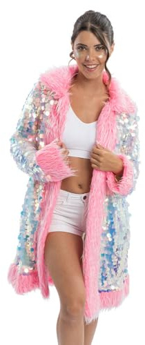 Chaks - Wendemantel mit Pailletten, Regenbogen Glitzer Mantel | Kostümjacke mit Kunstfell und Wendefunktion, Karneval, Festival und Pride Outfit, Pailletten Design