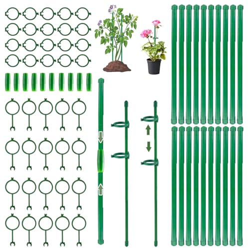 Tutor para Plantas Profesional,Tutor Plantas Ajustables con 40 Clips fijos y 10 Tubos Extensibles,Kit de Soportes para Tomates,Rosales y Plantas Trepadoras Reutilizables(70 PCS)