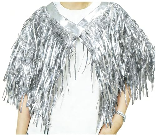 TSWNG Lametta Umhang Damen, Glitzer Lametta Jacke, Cape Umhang, Stola, Bolero Kurz Glitzer, Metallic Kostüm für Damen Herren Halloween Party Cosplay Karneval Fasching Bar Club, Silber