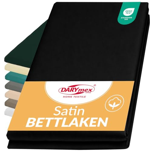 DarymexLaken ohne Gummizug, Baumwoll-Satin, 200x220 cm, Schwarz | Flaches glattes Betttuch, glänzendes Baumwolllaken, Satin-Bettwäsche, pflegeleicht, waschbar 60°C