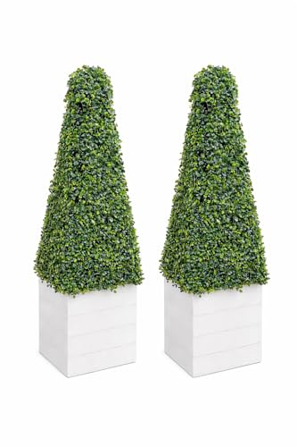 Artificial Buxus Pyramid Topiary Cone Plant 3ft (90cm) with White Planter, UV Resistant Faux Boxwood Tree for Indoor Outdoor Garden Patio Entrance Decor