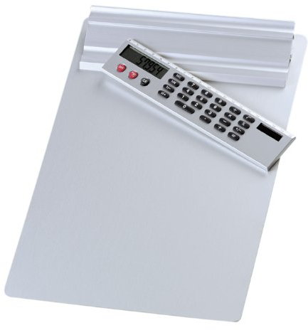 Wedo 57954 Klemmbrett A4, Alumnium Schreibplatte, abnehmbarer Solar Taschenrechner, Aufhängemöglichkeit, silber