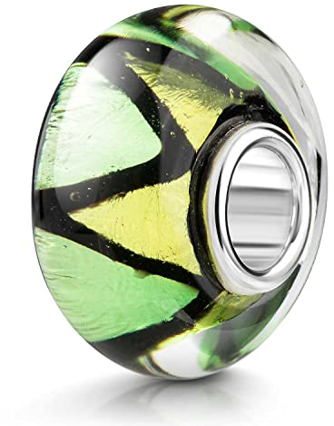 MATERIA by Matthias Wagner Glas Bead grün gelb Zickzack Muster mit Glitzer Folie 962