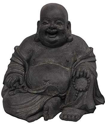 Stone-Lite Figur Lachender Buddha sitzend - für Haus und Garten - Höhe 24 cm - schwarz
