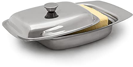 Relaxdays Dish With Handle Knob 6 x 19.5 x 13 cm Preserver Made Out Of Polished Metal For 250 g Butter Sticks, Or Serving Plate For Cheese, Silver, Stainless steel