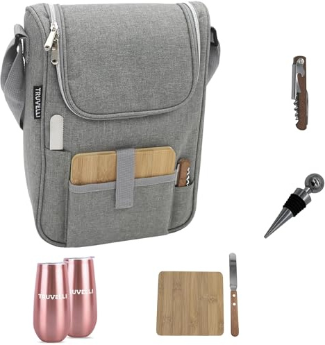 Plush Picnic,Weintragetasche, Picknick-Set, langlebige Weinkühltasche mit Gläsern, Weinkäse-Tragetasche für Paare, Herren- und Damengeschenk, Picknick-Zubehör inklusive-Heather Grey