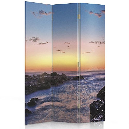 Feeby Frames. Raumteiler, Ggedruckten auf Canvas, Leinwand Wandschirme, dekorative Trennwand, Paravent einseitig, 3 teilig (110x150 cm), FELSEN, Ufer, Meer, Sonnenuntergang, BLAU, ORANGE
