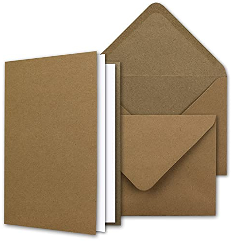 NEUSER PAPIER Vintage Kraftpapier-Karten Set mit Brief-Umschläge & Einlege-Blätter - 100 Sets - Blanko Recycling-Karten Natur-Braun - DIN A6 / C6