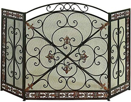 Benzara Feuerschutzgitter mit 3 Paneelen aus Metall Fleur De Lis Bronze