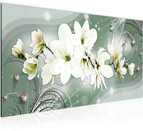Runa Art Wandbild Blumen Magnolien 1 Teilig 100 x 40 cm Modern Bild auf Vlies Leinwand Abstrakt Wohnzimmer Grün 006312a