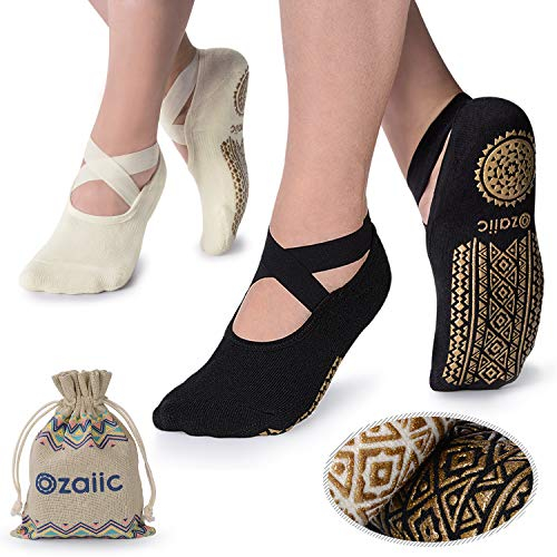 Ozaiic Yoga Socken rutschfeste für Damen für Pilates, Barre, Ballett, Tanz (EUR 35-41, 2 Paar - schwarz/beige (Gold))