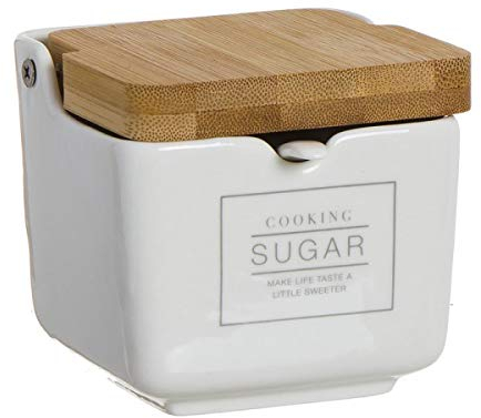 Deco Line Sucrier en céramique, Blanc avec Couvercle en Bois 8 cm