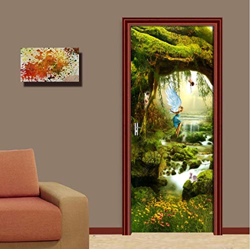 YLWMBB 3D TürPoster Wasserfall, Elfe, Grüner Wald PVC Selbstklebend Türtapete Türaufkleber Türfolie Türsticker Kühlschrank Aufkleber Tapete Home Schlafzimmer Wohnzimmer DIY Dekoration 88cm*200cm