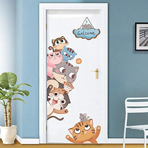 Adesivi Da Parete Per Porte Di Cartone Animato Murali Camera Da Letto Decorazione Cameretta Per Bambini Decorativi Per Armadio-Gatto Dagli Occhi Grandi Disegnati A Mano_Grande