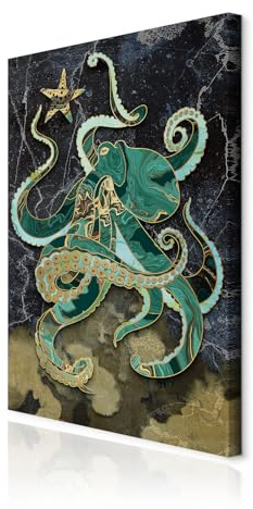 decomonkey Wandbilder Tintenfisch 60x90 cm 1 Teilig Leinwandbilder Wanddeko | Strukturleinwand, Holzkeilrahmen, Bild auf Leinwand, Kunstdruck, Wohnzimmer, Wanddekoration, Krake, Fisch, Stein