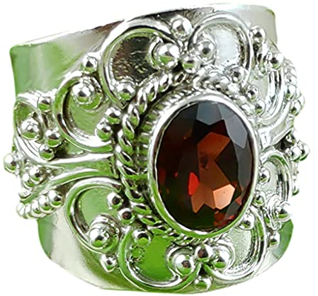 Navya Craft Granatstein Silberring | 925 Sterling Silber Handgefertigter Statement-Versprechensring für Frauen | Natürlicher Edelstein Boho Schmuck | Januar Geburtsstein | Geschenk für Sie