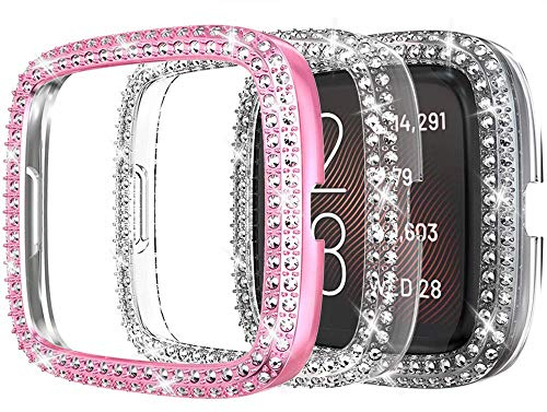 Miimall [2 Stück] Kompatibel mit Fitbit Versa 2 Hülle, Strass Glitzer Harter PC Schutzhülle Stoßfest Kratzfest Bling Diamant Rahmen Stoßstange Schutz Case für Fitbit Versa 2 - Klar+Rosa
