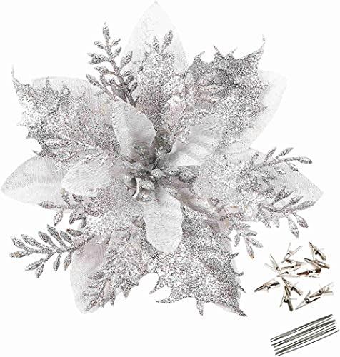 GREENTIME 12 Pcs Glitter Poinsettia 5.5 Artificial Flowers Christmas with Clips Stems Xmas Tree Ornaments for New Year Party Stairs Fireplace Porch Balcony Garden Church Wreath Decoration (Silver)