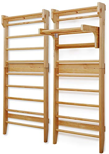 Physionics® Échelle Suédoise - pour Adultes/Enfants, Murale, 195x80x14cm, Charge Max 100kg, avec/sans Barre Traction, Bois Pin - Espalier Gymnastique, Fitness, Sport (avec Barre de Traction)
