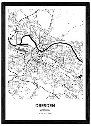 Nacnic Poster mit Karte von Dresden - Deutschland. Blätter Städte in Deutschland mit Meeren und Flüssen in schwarz und weiß. A3