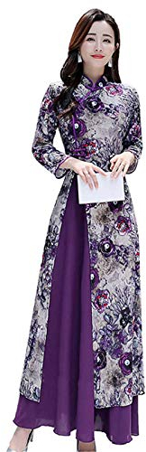 Traditionnel Vietnam Femme Rétro Ao Dai Élégant Chinois Style Cheongsam Floral Festival Mariage Soirée Qipao Robe, violet, XXXL