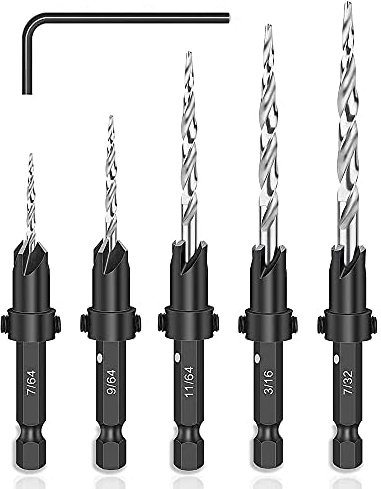 Bestgle Juego de brocas avellanadoras 5 piezas Juego de Taladro de Cono avellanado Brocas de vástago Hexagonal Taladro acero de alta velocidad con una llave L