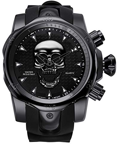 Totenkopf Uhr Herren Armbanduhren Personalisierte SchäDel Herrenuhr 3D TotenköPfe EdelstahlgehäUse Wasserdicht Analog Quarz Stilvolle Uhren Kautschuk Armband Geschenk FüR MäNner