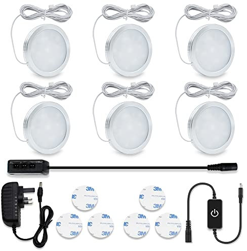 LightingWill LED Under Cabinet Puck Lights, Under Counter Lighting Kit, Dimmable Ultra Thin Closet Lights, DC 12V 3000K Warm White Kitchen Light with Smart Touch Dimmer &24W Power Adapter (6Pack)