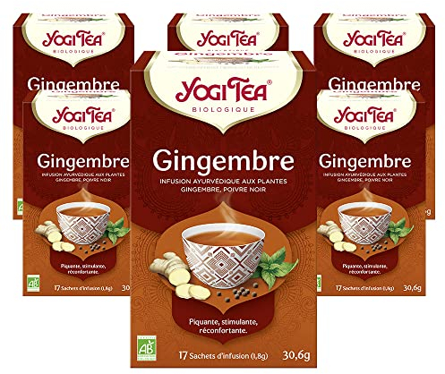 Yogi Tea - Ingwer, Ayurvedischer Bio Gewürz- und Kräutertee, natürlich koffeinfrei, Mischung aus Ingwer, schwarzem Pfeffer, Yogi Tee 6er Pack, 6x17 Beutel (102 Teebeutel insgesamt), Ideal als Geschenk
