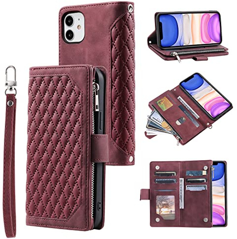 QLTYPRI Wallet Case for iPhone 11(6.1 inch),Luxury Quilted PU Leather Wallet Case with Card Slots for Women,Magnetic Zipper Purse Case with Wrist Strap Kickstand Shockproof Flip Cover-Wine Red