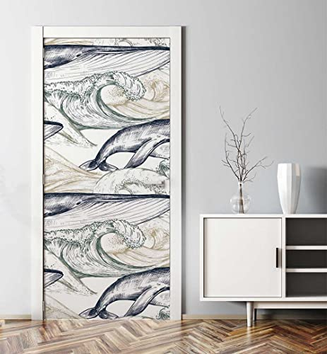 MyMaxxi - Tür bekleben mit Türtapete Türposter Türfolie Selbstklebend 90x200 Gemälde von Walen im Meer - Tür verschönern Türaufkleber Türklebefolie Kunst Zeichnung Fisch weiß