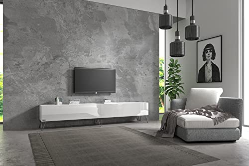 Wuun® TV-Board Lowboard Wohnwand TV-Bank Somero / 240cm (2 x 120cm) / Weiß-Matt & Weiß-Hochglanz/Haarnadel Chrom