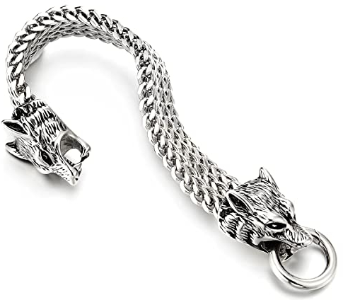 COOLSTEELANDBEYOND Biker Herren Wolf Kopf Franco Link Panzerkette Armband aus Edelstahl mit Federringverschluss