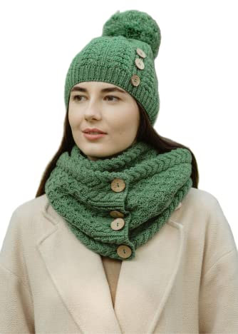 SAOL 100% Merinowolle Damen Pom Pom Hut Hergestellt in Irland, Grün, Einheitsgröße