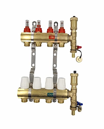 GOSHE Messing Heizkreisverteiler Fußbodenheizung 4 Heizkreise Verteiler Heizung Entlüftungsset Entlüftung Verteilerbalken Durchflussmesser Rotameter