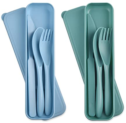 Set di Posate, Posate da Viaggio con Custodia, Posate Portatili, Posate di Plastica Riutilizzabili, Porta Posate Pranzo Ufficio, per Viaggi in Campeggio e Picnic, Scuola, Ufficio