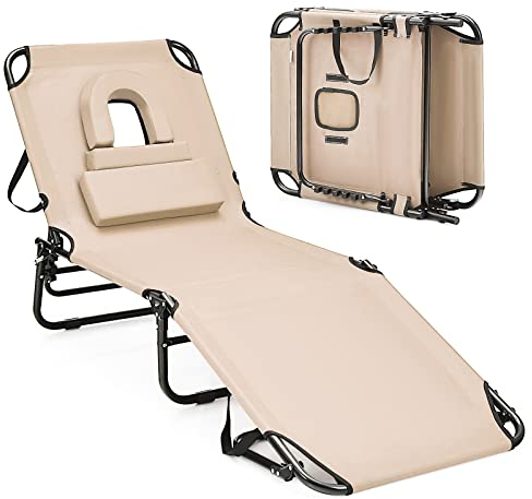 LIFEZEAL Chaise Longue Pliante Inclinable à 5 Positions, Bain de Soleil avec Trou pour Visage, Charge 160kg, Transat Jardin Exterieur en Tissu Oxford Coussin Amovible, 194x63x37 cm (Beige)