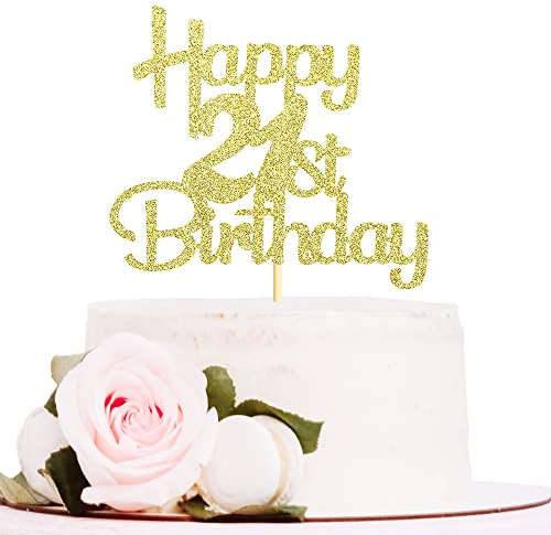 Sotpot Gold Glitter 21 Cake Topper, 21st Birthday Cake Decorations for Birthday Party Anniversary Party Supplies