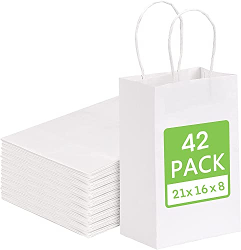 Vebetter 42PCS Papiertüten mit Henkel Weiß, Kleine Papiertragetaschen Papiertüten aus Kraftpapier Geschenktüten Kraftpapiertüten Papiersackerl Geschenktaschen für Geschenk, Geschenktüten 21x16x8.