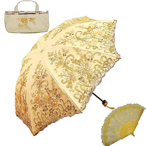 Aikelai Vintage Spitze Regenschirm Damen,3D Blume Regenschirm Sturmfest,Umbrella Windproof,Taschenschirme mit Aufbewahrungstasche (8331-gelb)