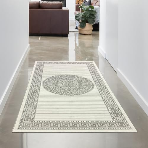 CARPETIA Wohnzimmer-Teppich modern orientalisch elegant glänzend Diele Läufer kurz Orient Kurzflor Flur Creme grau 80x150 cm