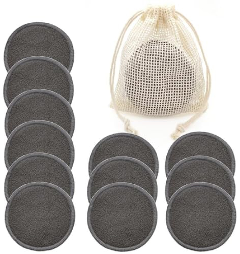 Abschminkpads Waschbar, 12 Stück Wattepads Wiederverwendbar aus Bambus-Kohle, Abschminken Stilleinlagen mit Wäschesack, Cotton Pads Nachhaltig Abschminktücher für Gesichtsreinigung (Grau)