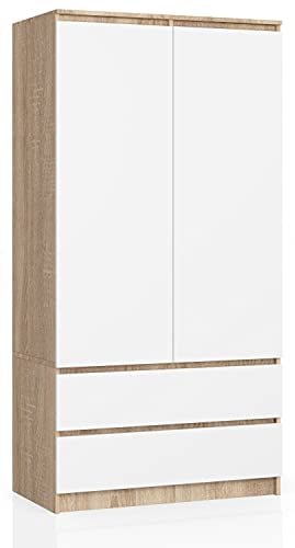 AKORD Zweitüriger Kleiderschrank S 90 cm 2 Schubladen mit Regalen und Einer Kleiderstange für EIN Schlafzimmer Kleiderschränke Minimalistischer Stil Schichtstoffplatte 16 mm Farbe Sonoma/Weiß