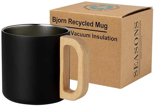 noTrash2003 RCS-zertifizierter Edelstahl Kaffeebecher nachhaltiger umweltfreundlicher Becher aus recyceltem Edelstahl mit Kupfer-Vakuumisolierung, 360 ml, Buchenholzgriff (Schwarz)