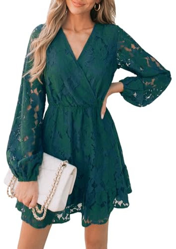 CUPSHE Women's Casual Mini Dress V Neck Lace Long Sheer Sleeve Fall Short Dresses Green L
