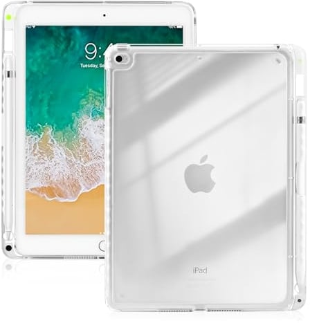 4UBonLife Funda para iPad 9,7 Pulgadas 6.ª/5.ª Generación 2018/2017 con Portalápiz, Carcasa Clara Transparente Delgada y Ligera, Cubierta Cover Trasera Rígida Resistente al Amarillo Antigolpes, Clara