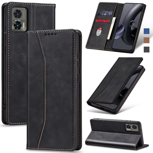 Jasonyu Handyhülle für Motorola Edge 30 Neo Hülle Leder Flip Klappbare Stoßfeste Magnetische PU Leder Standfunktion Kartenfächern Schutzhülle Klapphülle für Moto Edge 30 Neo,Schwarz