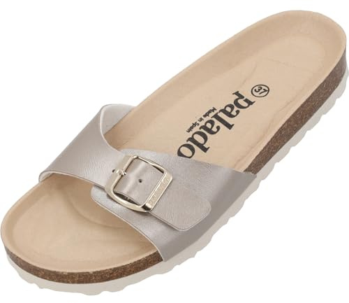 Palado Pantoletten Damen Malta BE Metallic – gefertigt aus pflegeleichtem, glänzendem Material Veloursleder-Decksohle – eleganter Look – Weichfußbett Beige UK9 - EU42